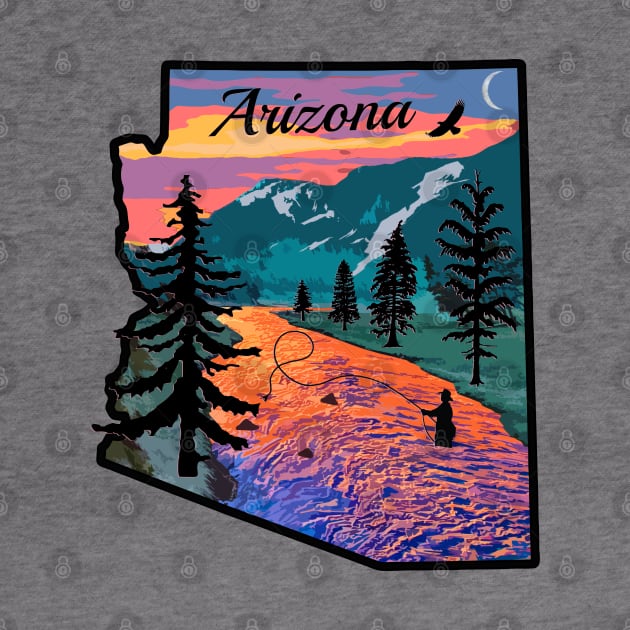 Fly Fishing Arizona State Map Mountain Sunset River Retro by TeeCreations